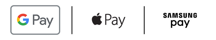 Google Pay, Samsung Pay, and Apple Pay icons.
