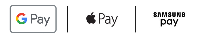 Google Pay, Samsung Pay, and Apple Pay icons.